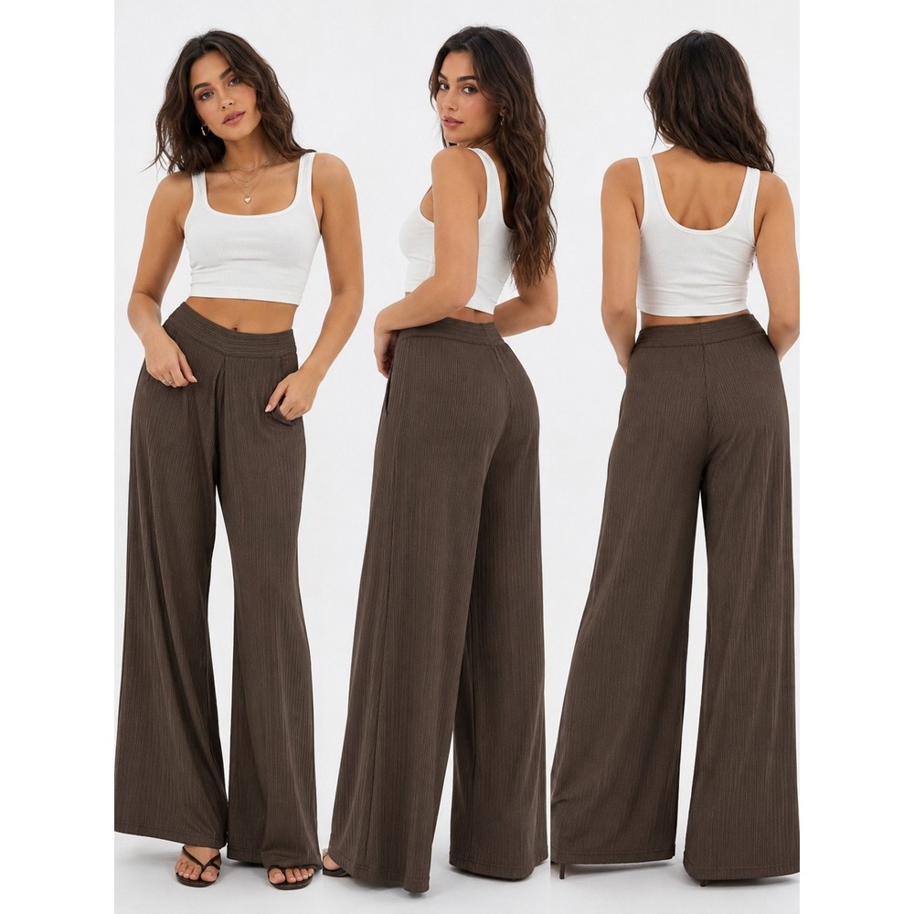 Zac‎ & Rachel Wide Leg Pants Women Large Brown Pleated Stretch Plisse Trousers